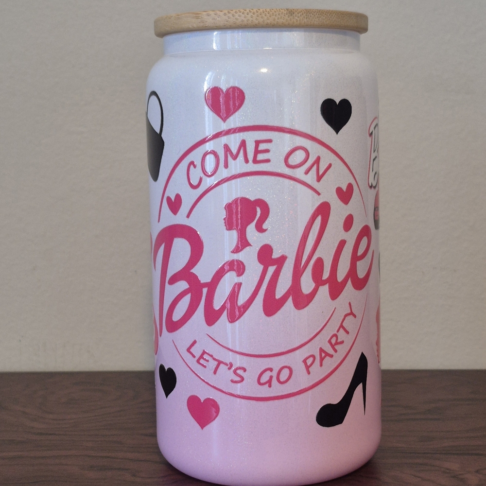 🪻3$/25 Barbie Girl pink white glitter glass tumbler, wooden lid, straw 16oz
